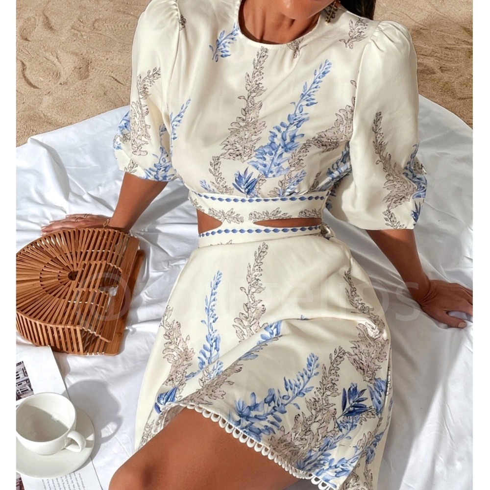Floral Blue on Cream Light Beige Puff Sleeve Cut Out Waist Mini Dress